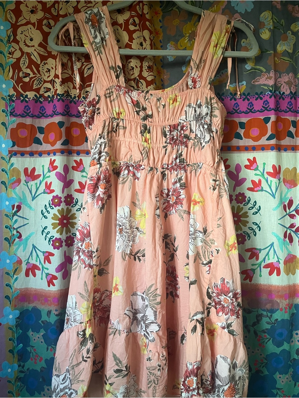 Maurices Boho Peach Floral Cotton Blend Tie-Shoulder Midi Dress Size XS - Picture 6 of 8